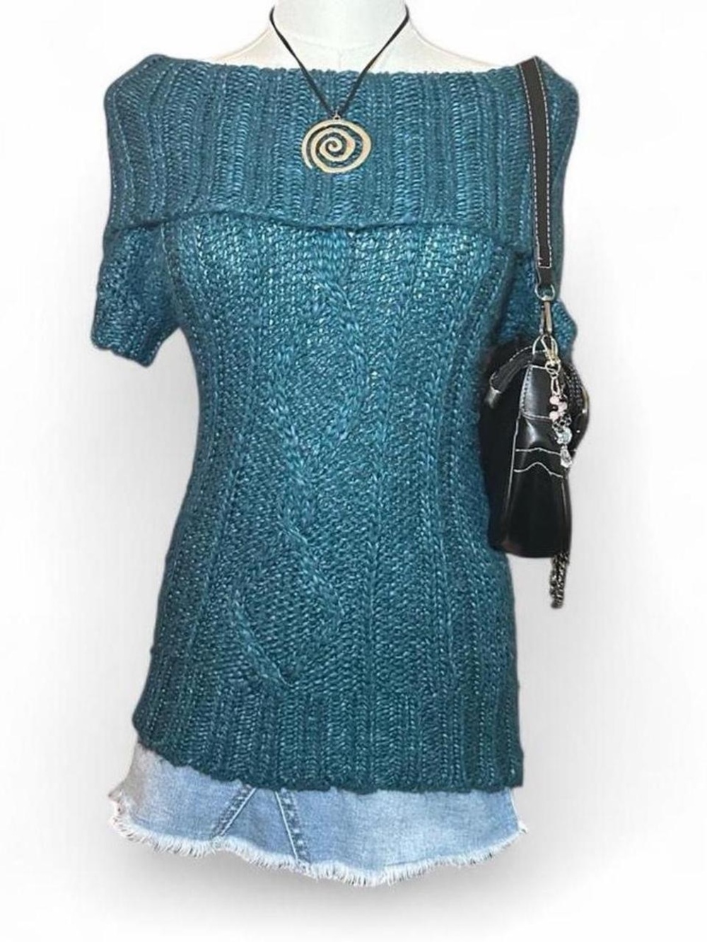 Y2K Mudd Teal Off-the-Shoulder Knit Sweater Mermaidcore Indie Sleaze Coquette